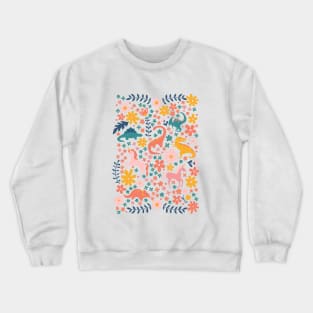 Floral Burst of Dinosaurs + Unicorns in Pink Crewneck Sweatshirt